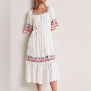NWT Boden White Jersey Dress with Orange/Pink/Blue/Green Embroidery Size 6